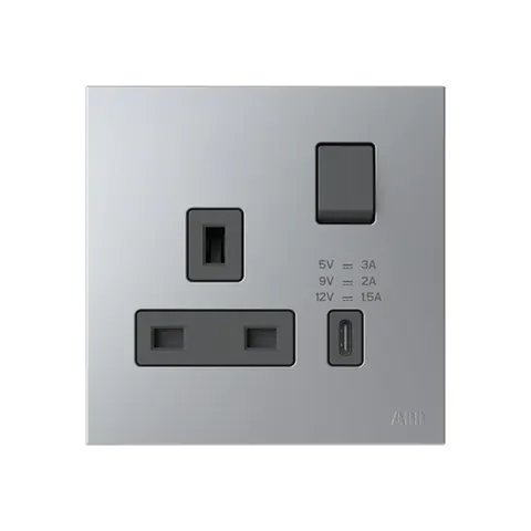 ABB British Standard switched socket outlet, Zenit, 1-gang, DP, 13A, with USB charger Type-C, Silver — 2CLA223799B1301