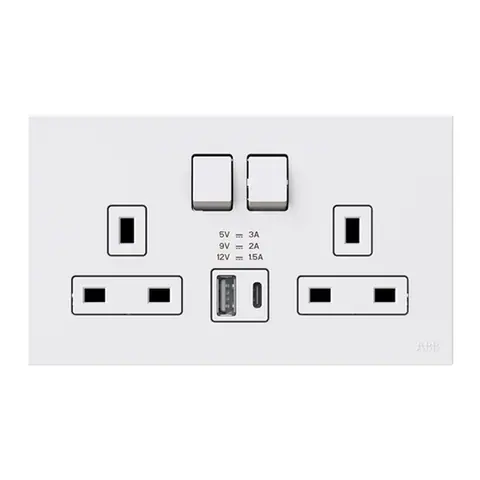 ABB British Standard switched socket outlet, Zenit, 2-gang, DP, 13A, with USB charger Type-C+A, White — 2CLA243799B1101