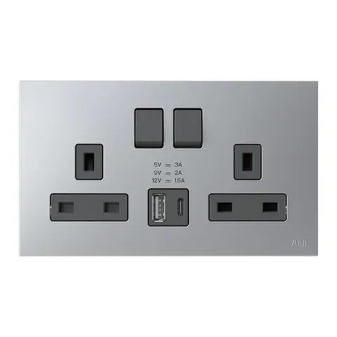 مقبس بمفتاح بريطاني إيه بي بي Zenit، وحدتان، ثنائي القطب DP، 13 أمبير، مع شاحن USB Type-C+A، فضي — 2CLA243799B1301