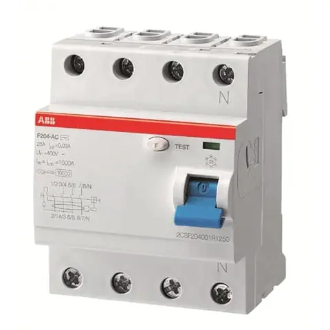 قاطع تيار متبقٍ RCCB إيه بي بي F204 AC-25/0,03، 4 أقطاب، 25 أمبير، نوع AC، حساسية 30 مللي أمبير — 2CSF204005R1250