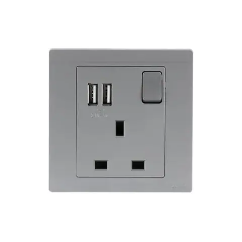 ABB British Standard switched socket outlet, Inora BL261-G, 1-gang, DP, 13A, with USB charger — 2TCZ172016R2240