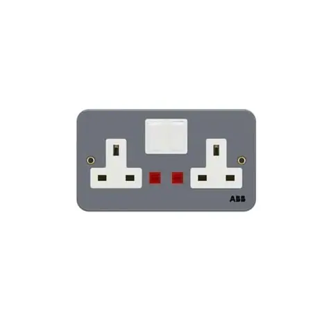 ABB British Standard switched socket outlet, Metal Clad BM240, 2-gang, DP, 13A, with Neon indicator, with metal mounting box — 2TCZ742002R0040