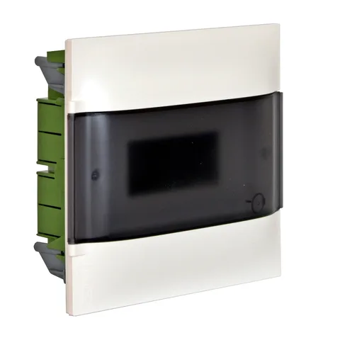 Legrand Practibox S cabinets — Practibox S flush-mounting cabinet, 8 modules, 1 row, Smoked transparent door, with earth and neutral terminal blocks, 225 x 256 x 100 mm (H x W x D), Smoked transparent — 1 341 58