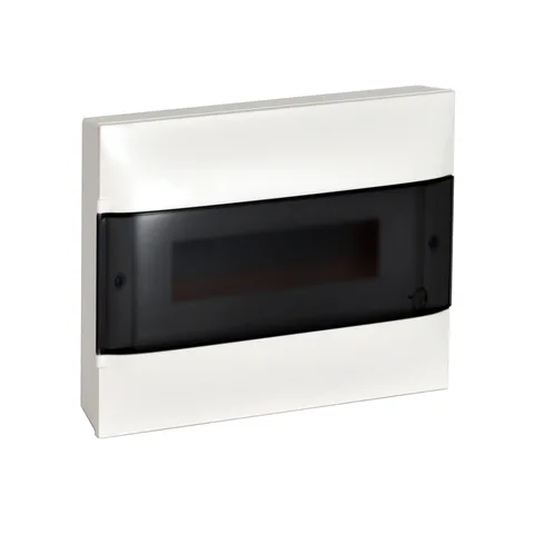 Legrand Practibox S cabinets — Practibox S surface-mounting cabinet, 12 modules, 1 row, Smoked transparent door, with earth and neutral terminal blocks, 236 x 328 x 107 mm (H x W x D), Smoked transparent — 1 352 11