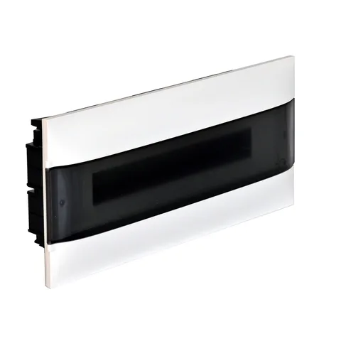 Legrand Practibox S cabinets — Practibox S flush-mounting cabinet, 22 modules, 1 row, Smoked transparent door, with earth and neutral terminal blocks, 235 x 508 x 102 mm (H x W x D), Smoked transparent — 1 371 55