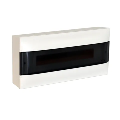Legrand Practibox S cabinets — Practibox S surface-mounting cabinet, 22 modules, 1 row, Smoked transparent door, with earth and neutral terminal blocks, 236 x 508 x 107 mm (H x W x D), Smoked transparent — 1 372 15