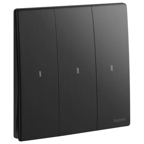 Legrand Mallia Senses — Single pole illuminated switches 16 AX - 250 V~ — 3-gang - 1-way switch, Brushed Black — 2 810 14BB