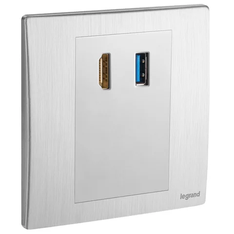 Legrand Mallia Senses — Audio and video sockets — HDMI Type-A sockets + USB Type-A data sockets, Brushed Alum — 2 810 21BA