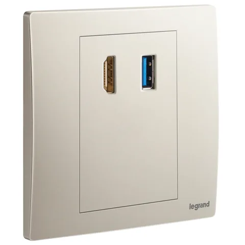 Legrand Mallia Senses — Audio and video sockets — HDMI Type-A sockets + USB Type-A data sockets, Champagne — 2 810 21CH