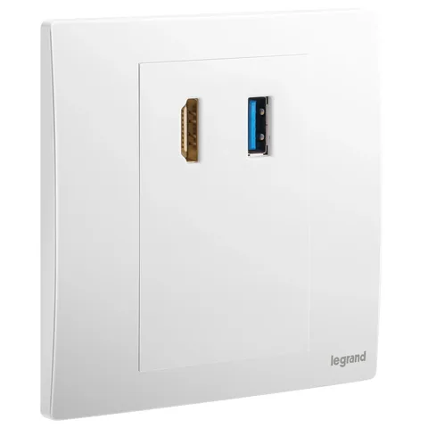 Legrand Mallia Senses — Audio and video sockets — HDMI Type-A sockets + USB Type-A data sockets, Matt White — 2 810 21MW
