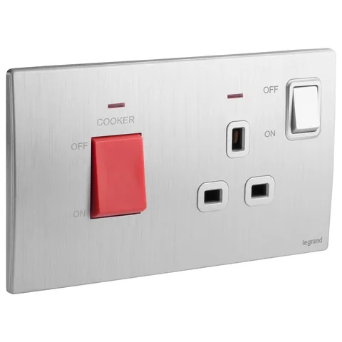 Legrand Mallia Senses cooker control unit, 45 A double-pole switch and 13 A socket, Brushed Alum — 2 810 75BA