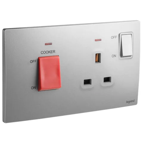 Legrand Mallia Senses cooker control unit, 45 A double-pole switch and 13 A socket, Dark Silver — 2 810 75DS