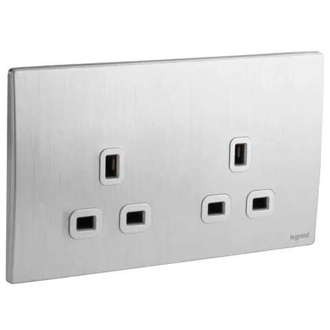 Legrand Mallia Senses — British standard single pole socket outlets 13 A - 250 V~ — 2-gang - unswitched, Brushed Alum — 2 811 12BA