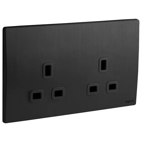 Legrand Mallia Senses — British standard single pole socket outlets 13 A - 250 V~ — 2-gang - unswitched, Brushed Black — 2 811 12BB