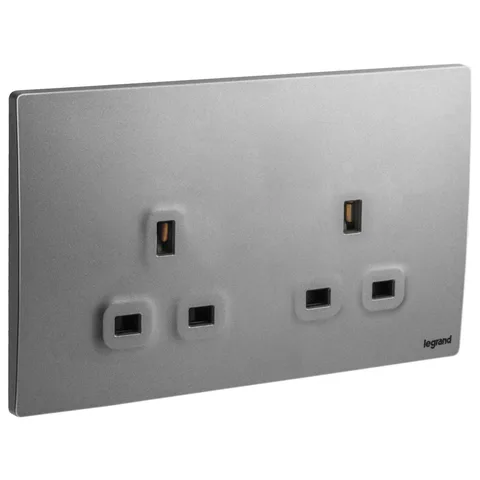 Legrand Mallia Senses — British standard single pole socket outlets 13 A - 250 V~ — 2-gang - unswitched, Dark Silver — 2 811 12DS