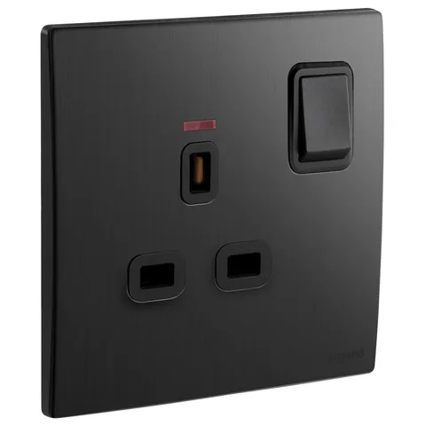 Legrand Mallia Senses — British standard double pole socket outlets 13 A - 250 V~ — 1-gang - switched with red LED power indicator, Brushed Black — 2 811 18BB