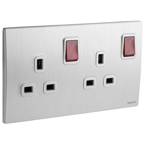 Legrand Mallia Senses — British standard double pole socket outlets 13 A - 250 V~ — 2-gang - switched with red LED power indicator, Brushed Alum — 2 811 19BA