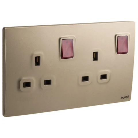 Legrand Mallia Senses — British standard double pole socket outlets 13 A - 250 V~ — 2-gang - switched with red LED power indicator, Dark Bronze — 2 811 19DB