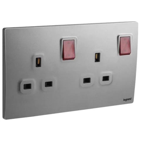 Legrand Mallia Senses — British standard double pole socket outlets 13 A - 250 V~ — 2-gang - switched with red LED power indicator, Dark Silver — 2 811 19DS
