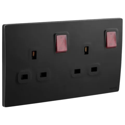 Legrand Mallia Senses — British standard double pole socket outlets 13 A - 250 V~ — 2-gang - switched with red LED power indicator, Matt Black — 2 811 19MB