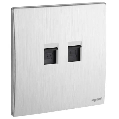 Legrand Mallia Senses — Telephone and data sockets — RJ 11 + RJ 45 sockets Cat. 6 UTP, Brushed Alum — 2 811 66BA