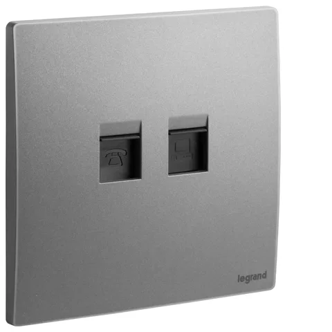 Legrand Mallia Senses — Telephone and data sockets — RJ 11 + RJ 45 sockets Cat. 6 UTP, Dark Silver — 2 811 66DS