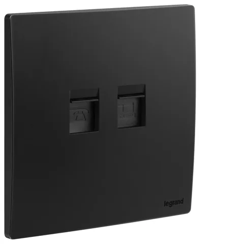Legrand Mallia Senses — Telephone and data sockets — RJ 11 + RJ 45 sockets Cat. 6 UTP, Matt Black — 2 811 66MB