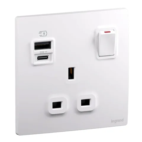 Legrand Mallia Senses — British standard single pole socket outlets 13 A - 250 V~ — 1G BS13A DOUBLE POLE SWITCHED SOCKET USB A+C 20W, Matt White — 281172MW