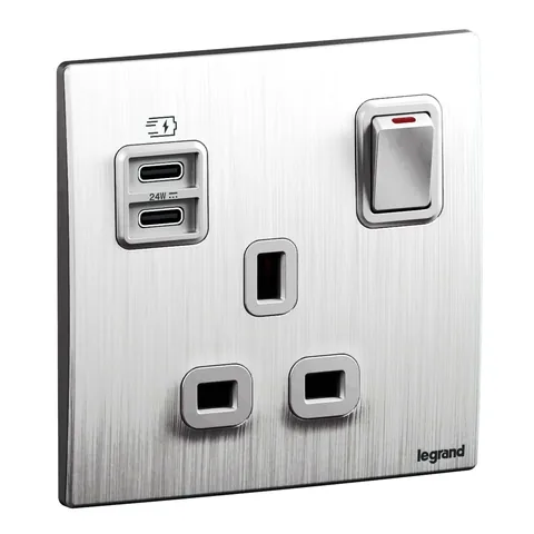 Legrand Mallia Senses — British standard single pole socket outlets 13 A - 250 V~ — 1G BS13A DP 24W SWITCHED USB C+C, Brushed Alum — 281173BA
