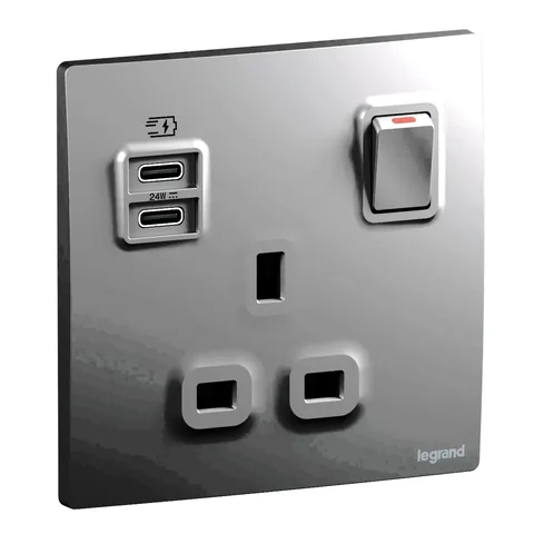 Legrand Mallia Senses — British standard single pole socket outlets 13 A - 250 V~ — 1G BS13A DP 24W SWITCHED USB C+C, Dark Silver — 281173DS