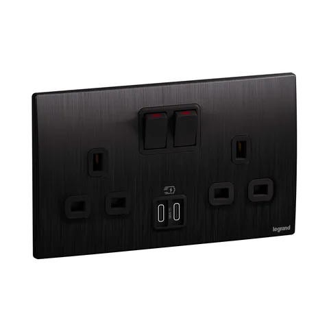 Legrand Mallia Senses — British standard single pole socket outlets 13 A - 250 V~ — 2G BS13A DP 24W SWITCHED USB C+C, Brushed Black — 281177BB