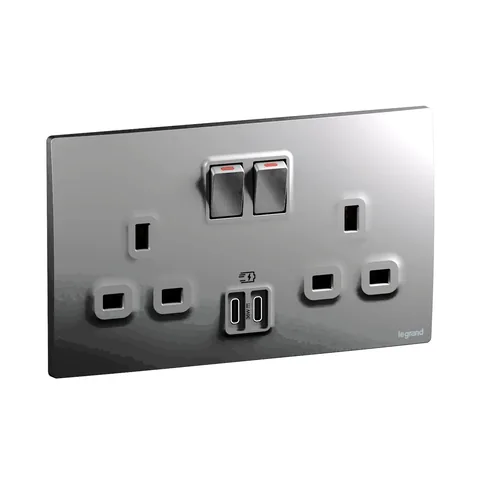 Legrand Mallia Senses — British standard single pole socket outlets 13 A - 250 V~ — 2G BS13A DP 24W SWITCHED USB C+C, Dark Silver — 281177DS