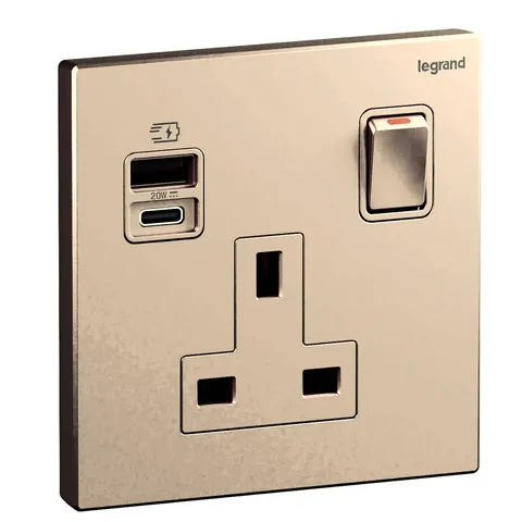 مقبس كهربائي بريطاني ليجراند جاليون، وحدة واحدة، 2P، 13 أمبير، بمفتاح، USB A+C 20W، ذهبي وردي — 282338-C1