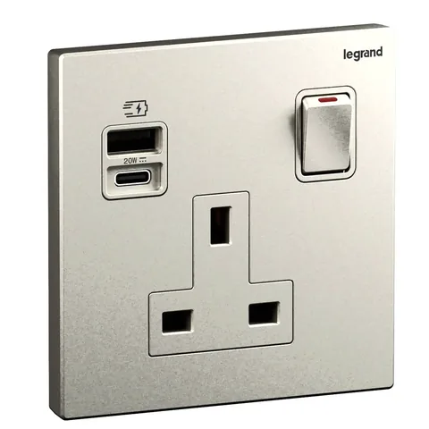 مقبس كهربائي بريطاني ليجراند جاليون، وحدة واحدة، 2P، 13 أمبير، بمفتاح، USB A+C 20W، شمبانيا — 282338-C2