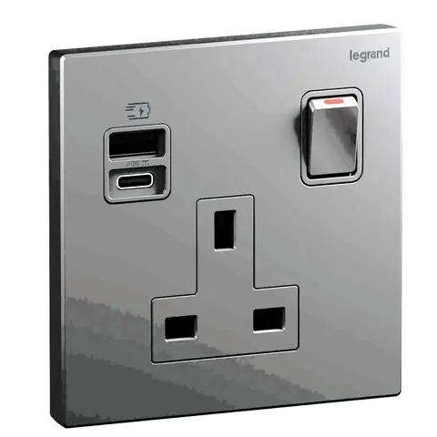 Legrand Galion — British Standard socket outlets 13 A - 250 V± - with USB chargers — 1G BS13A DP SWITCHED USB A+C 20W, Dark Silver — 282338-C3