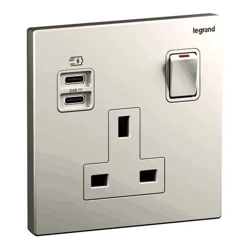 مقبس كهربائي بريطاني ليجراند جاليون، وحدة واحدة، 2P، 13 أمبير، بمفتاح، USB C+C 24W، شمبانيا — 282339-C2