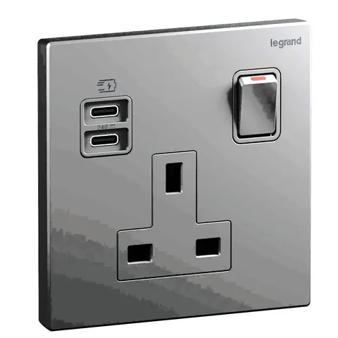 Legrand Galion — British Standard socket outlets 13 A - 250 V± - with USB chargers — 1G BS13A DP SWITCHED USB C+C 24W, Dark Silver — 282339-C3