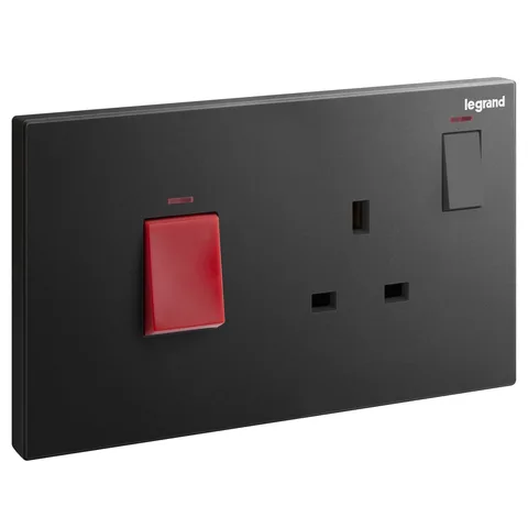 Legrand Galion cooker control unit, 45 A double-pole switch and 13 A socket, Matt Black — 2 824 25-C