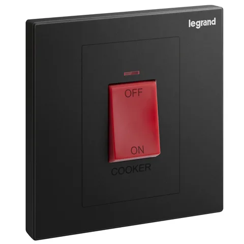 Legrand Galion — Double pole switches 45 A - 250 V± — 1 gang - 1-way with cooker marking - with red rocker, Matt Black — 2 824 28-C