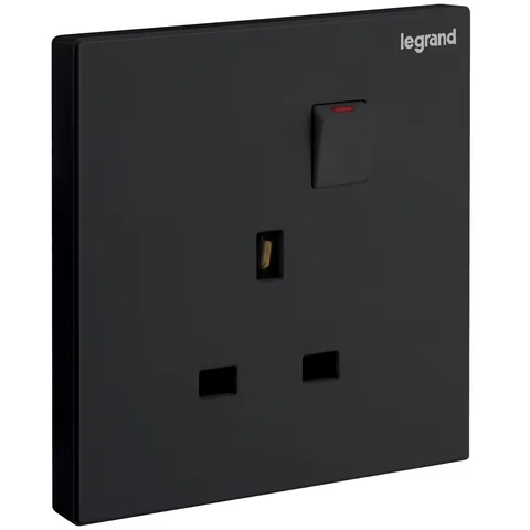 Legrand Galion — British standard single pole socket outlets 13 A - 250 V~ — 1-gang double pole switched, Matt Black — 2 824 86-C