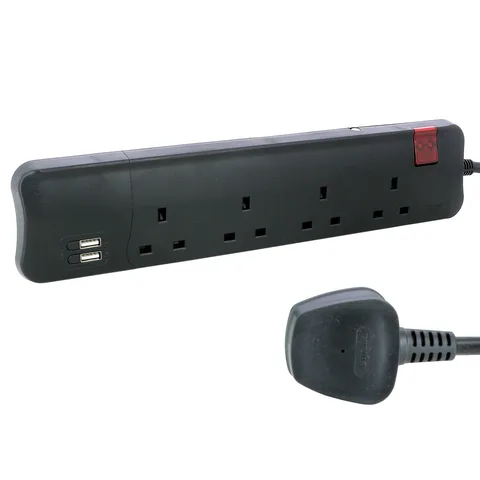 Legrand Multi-outlet Extension cord 4X2+E 1 Double pole switched - USB 2.4A charger - 3 Meter - Black color 2.4AUSB — 6 985 32