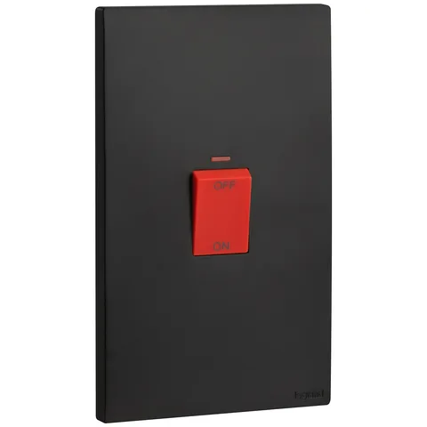 Legrand Obria — Double pole switches 45 A - 250 V~ — 2-gang 1-way vertical switch with red LED indicator and red button, Black — MEC21030BL