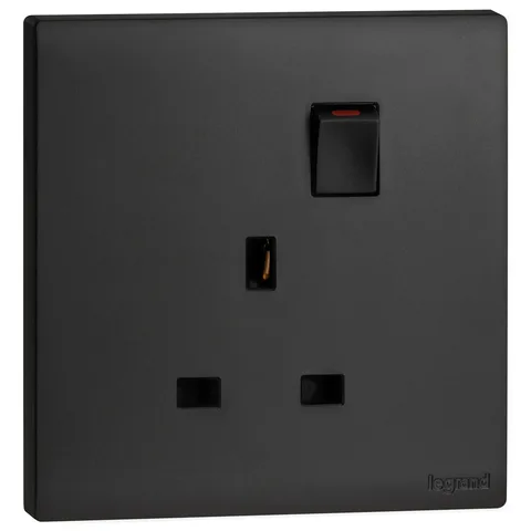 Legrand Obria — British standard double pole socket outlets 13 A - 250 V~ — 1-gang - switched + 2 earth terminals, Black — MEC32039BL