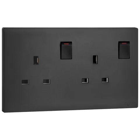 Legrand Obria — British standard double pole socket outlets 13 A - 250 V~ — 2-gang - switched + 2 earth terminals, Black — MEC32040BL
