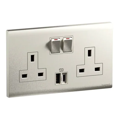 Legrand Obria — British standard socket outlets 13 A - 250 V~ with USB charger — 2-gang double pole switched with USB Type-A + Type-C - 3 A - 5 V= - 27 W Fast charge feature: Power Delivery, Champagne — MEC33079CH