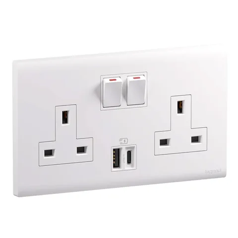 Legrand Obria — British standard socket outlets 13 A - 250 V~ with USB charger — 2-gang double pole switched with USB Type-A + Type-C - 3 A - 5 V= - 27 W Fast charge feature: Power Delivery, White — MEC33079WH