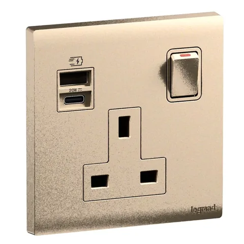 Legrand Obria — British standard double pole USB A+C 24W socket outlets 13 A - 250 V, Rose Gold — MEC33086RG
