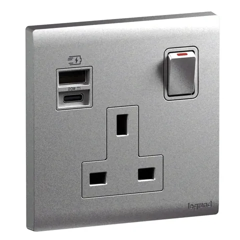 Legrand Obria — British standard double pole USB A+C 24W socket outlets 13 A - 250 V, Dark Silver — MEC33086SL