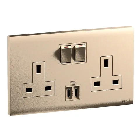 مقبس كهربائي بريطاني ليجراند أوبريا، وحدتان، 2P، 13 أمبير، بمفتاح، ذهبي وردي — MEC33095RG