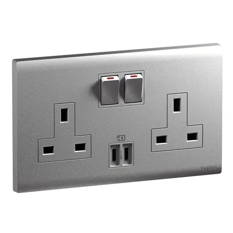 مقبس كهربائي بريطاني ليجراند أوبريا، وحدتان، 2P، 13 أمبير، بمفتاح، فضي داكن — MEC33095SL